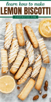 Lemon biscotti cookies with almonds and lemons on a table.