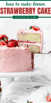 A slice of lemon strawberry cake being served.