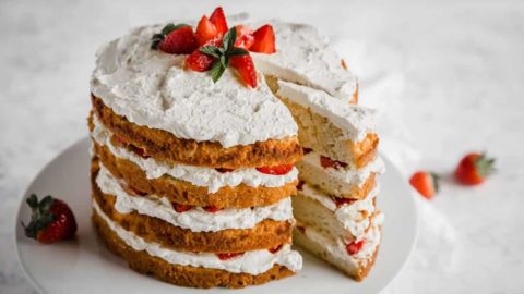 Gluten-free and keto strawberry shortcut cake ready to be served.