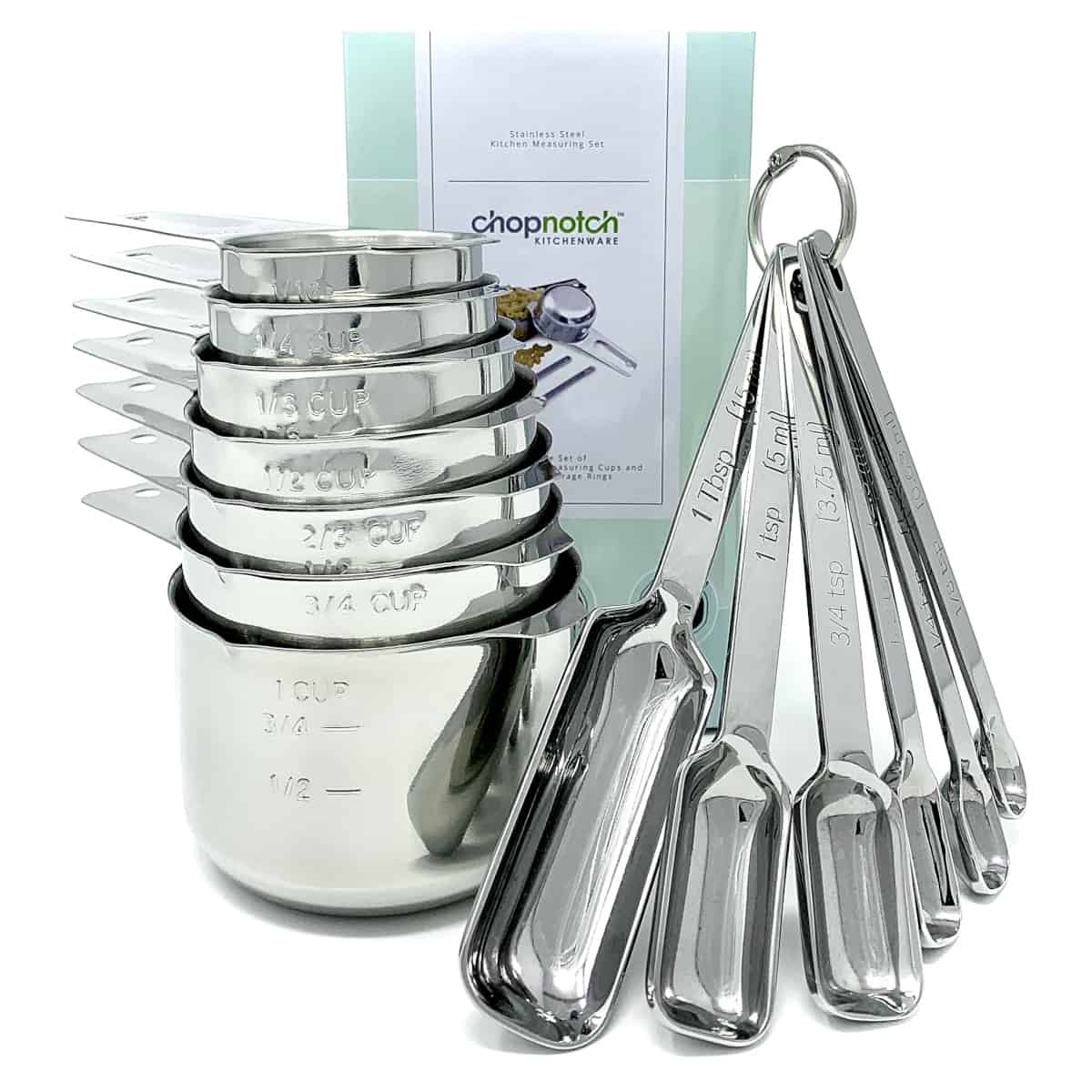 The Chopnotch measuring cups and spoons displayed with their box.
