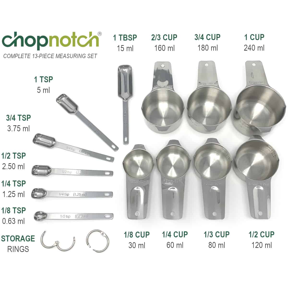 The complete Chopnotch measuring set laid out showing the size of each piece.