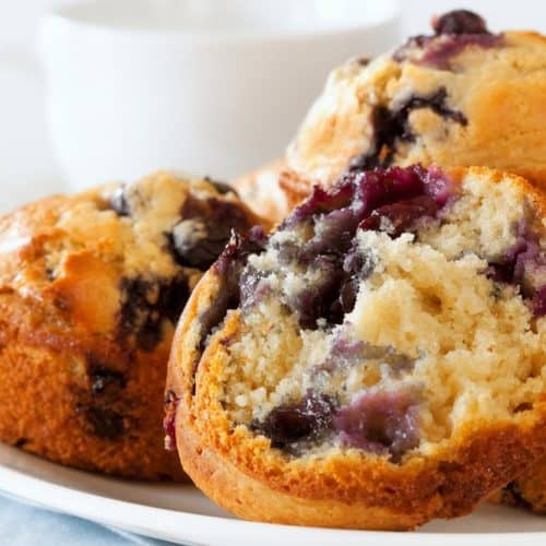 Blueberry muffins on a white plate.