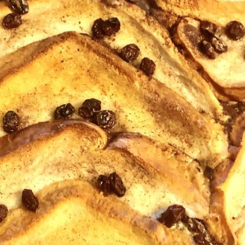 A close up of bread and butter pudding dessert.