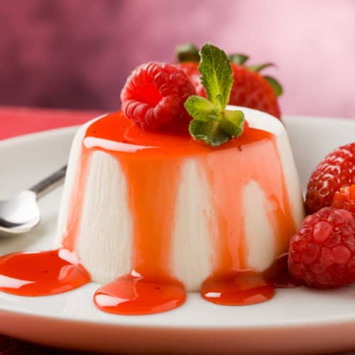 Panna cotta dessert recipe on a plate with strawberries.