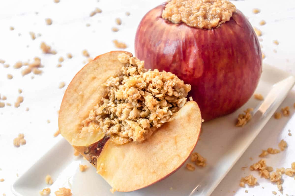 The best oatmeal baked apples on a dish on the table.
