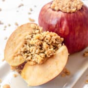 The best oatmeal baked apples on a dish on the table.