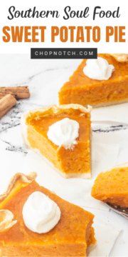 Several slices of sweet potato pie topped with whipped cream on a table.