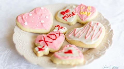 Valentine's Day sour cream sugar cookies with cream cheese frosting.