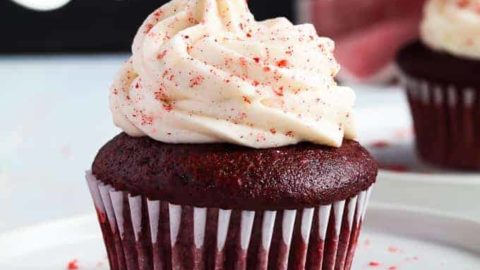 Vegan red velvet cupcakes with cream cheese frosting.