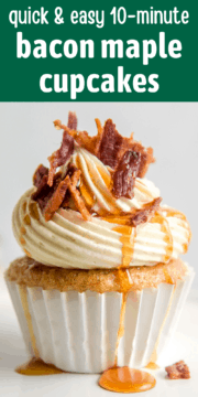 Close up of a maple flavored cupcake topped with bacon.
