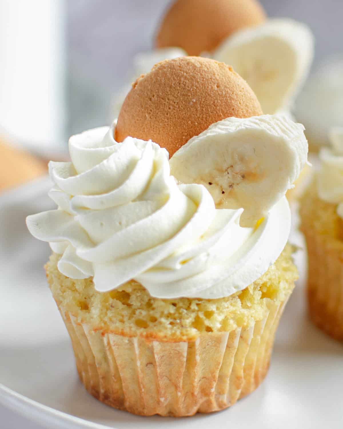 A banana cream cupcake up close.