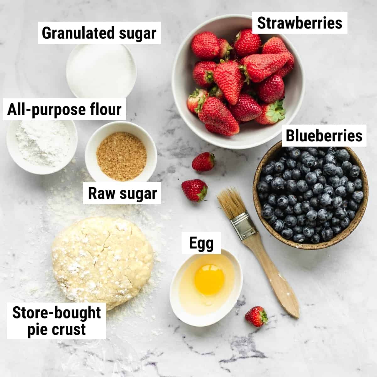 Ingredients needed to make blueberry strawberry pie.