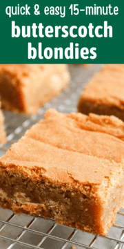 Several square butterscotch blondies spread out on a cooling rack ready to be served.
