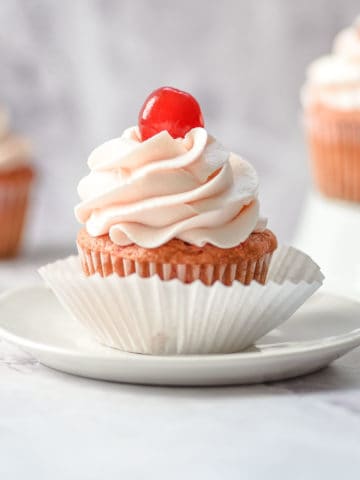 A cherry cupcake up close.