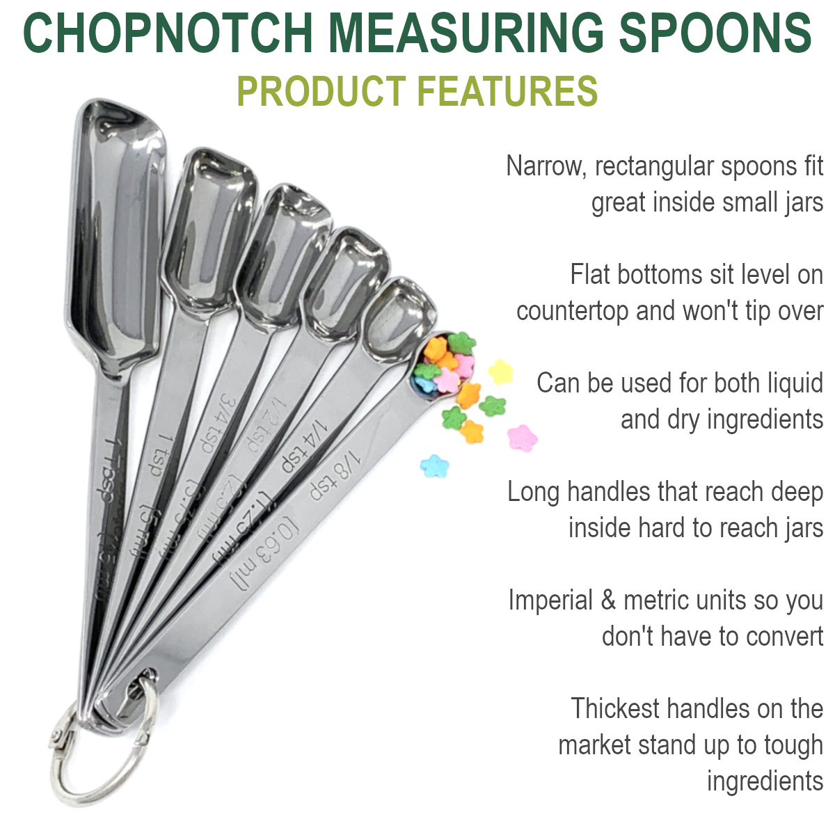 A close up of the measuring spoons with a list of features.