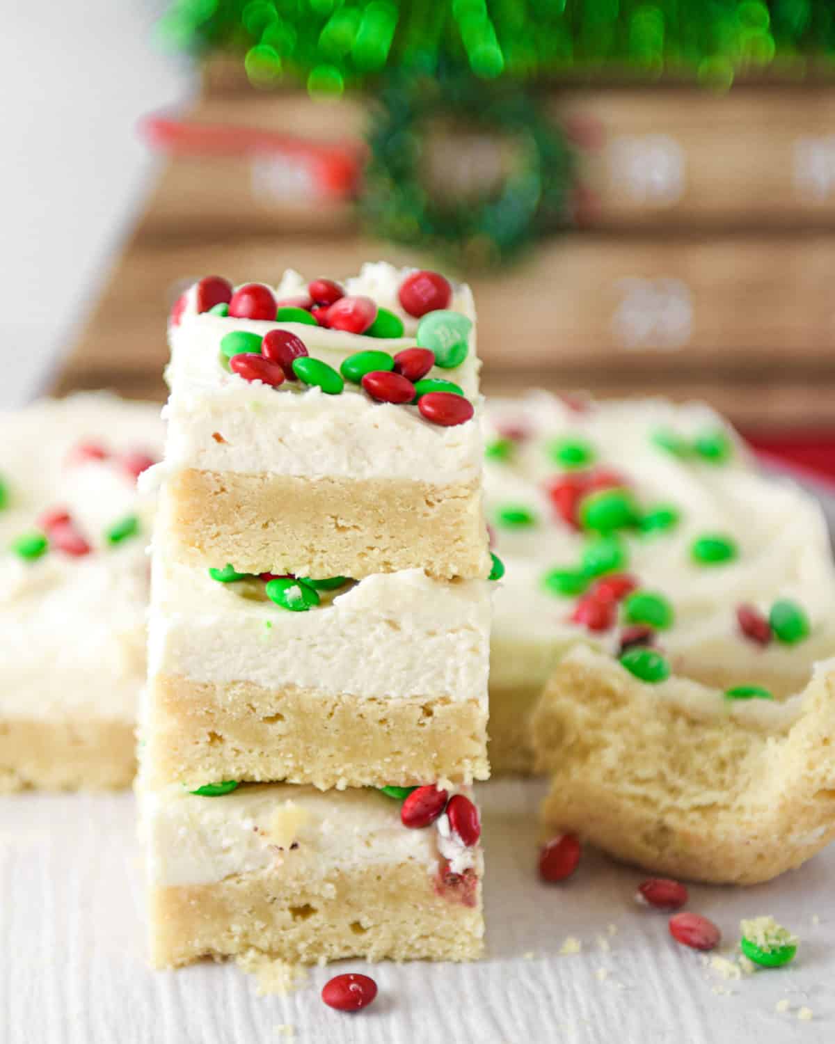 Christmas cookie bars stacked on top of each other.