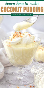 A glass filled with coconut pudding.