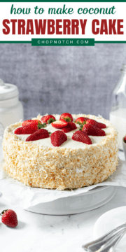A finished coconut strawberry cake.
