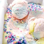A close up of homemade cotton candy ice cream.
