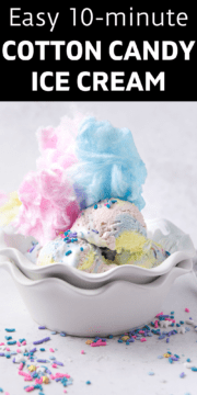 Cotton candy flavored ice cream in a bowl with sprinkles.