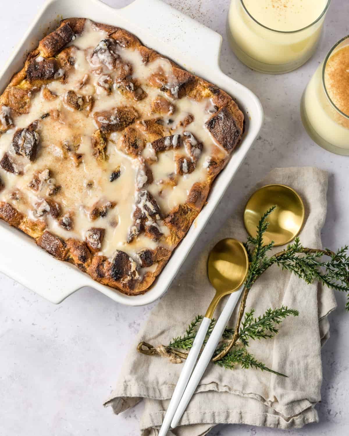 Finished bread pudding in a baking dish.