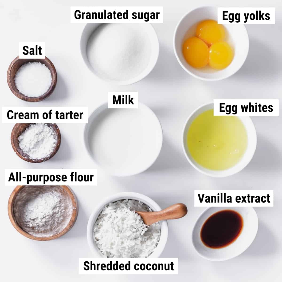 The ingredients to make coconut cream pie laid out on a table.