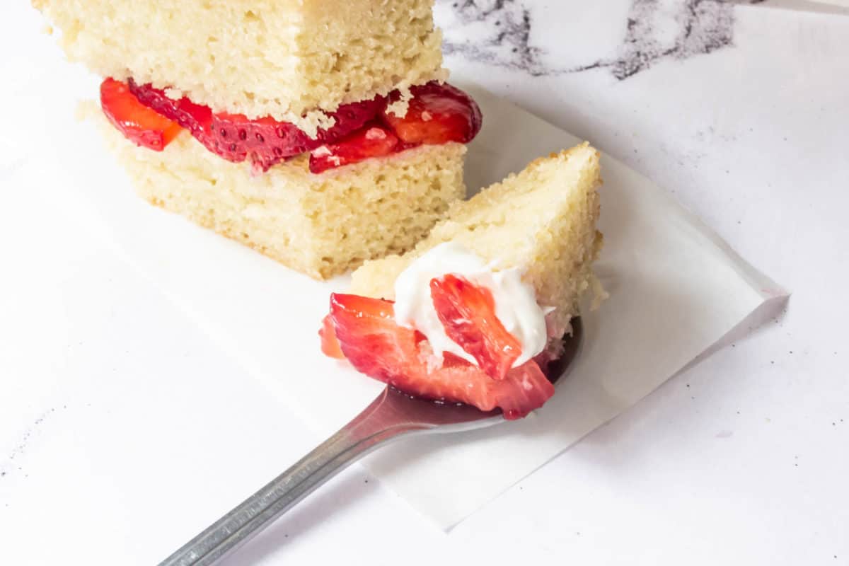 A spoonful of strawberry shortcake.