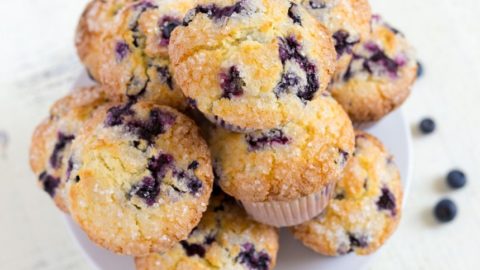 Lemon blueberry muffins on a plate.
