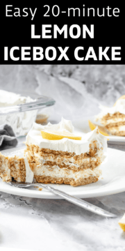 Lemon icebox cake on a plate with a fork.