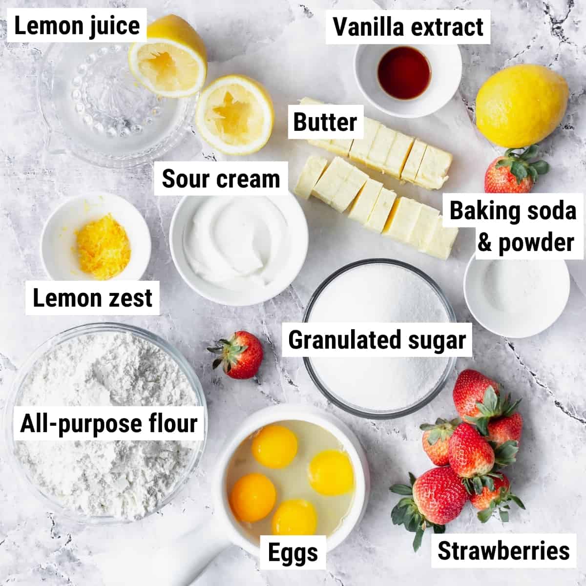 The ingredients to make lemon strawberry cake.
