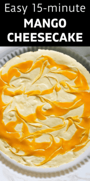 A finished mango cheesecake on a white plate.
