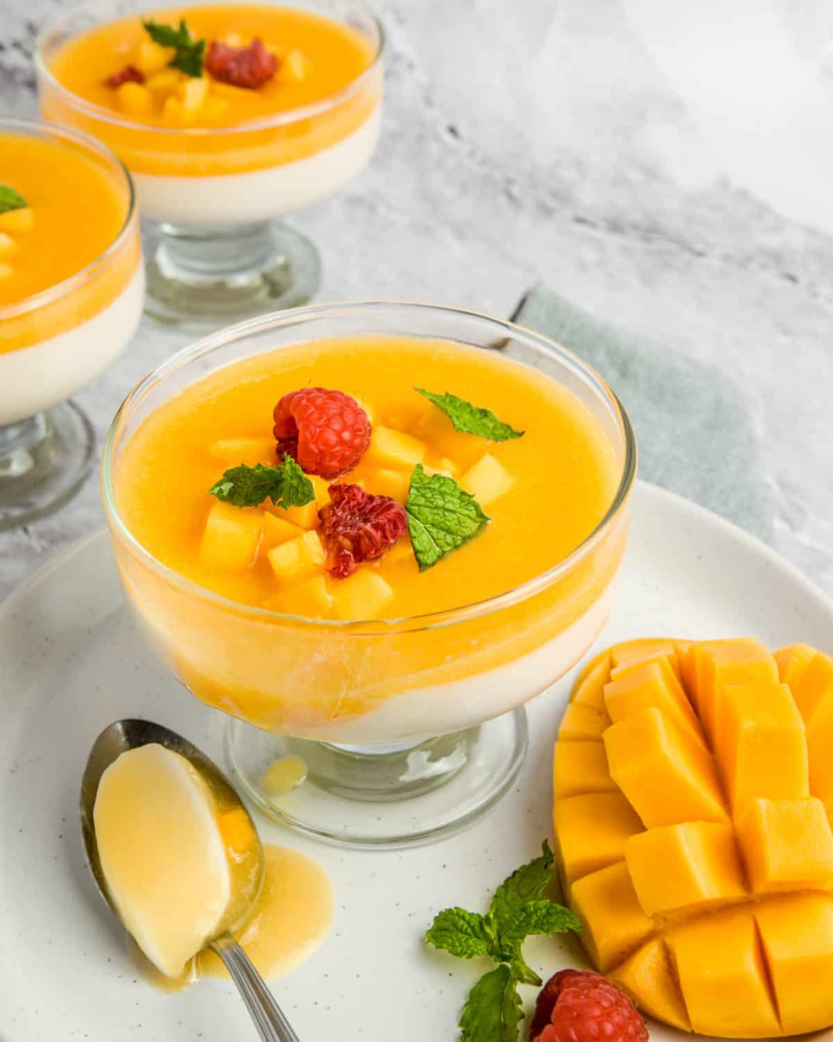 Panna cotta in a bowl with a fresh mango slices.