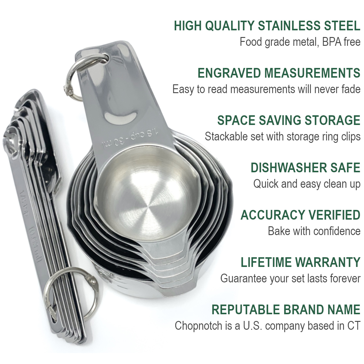 An overhead shot of the Chopnotch measuring cups and spoons nested together with a list of features.