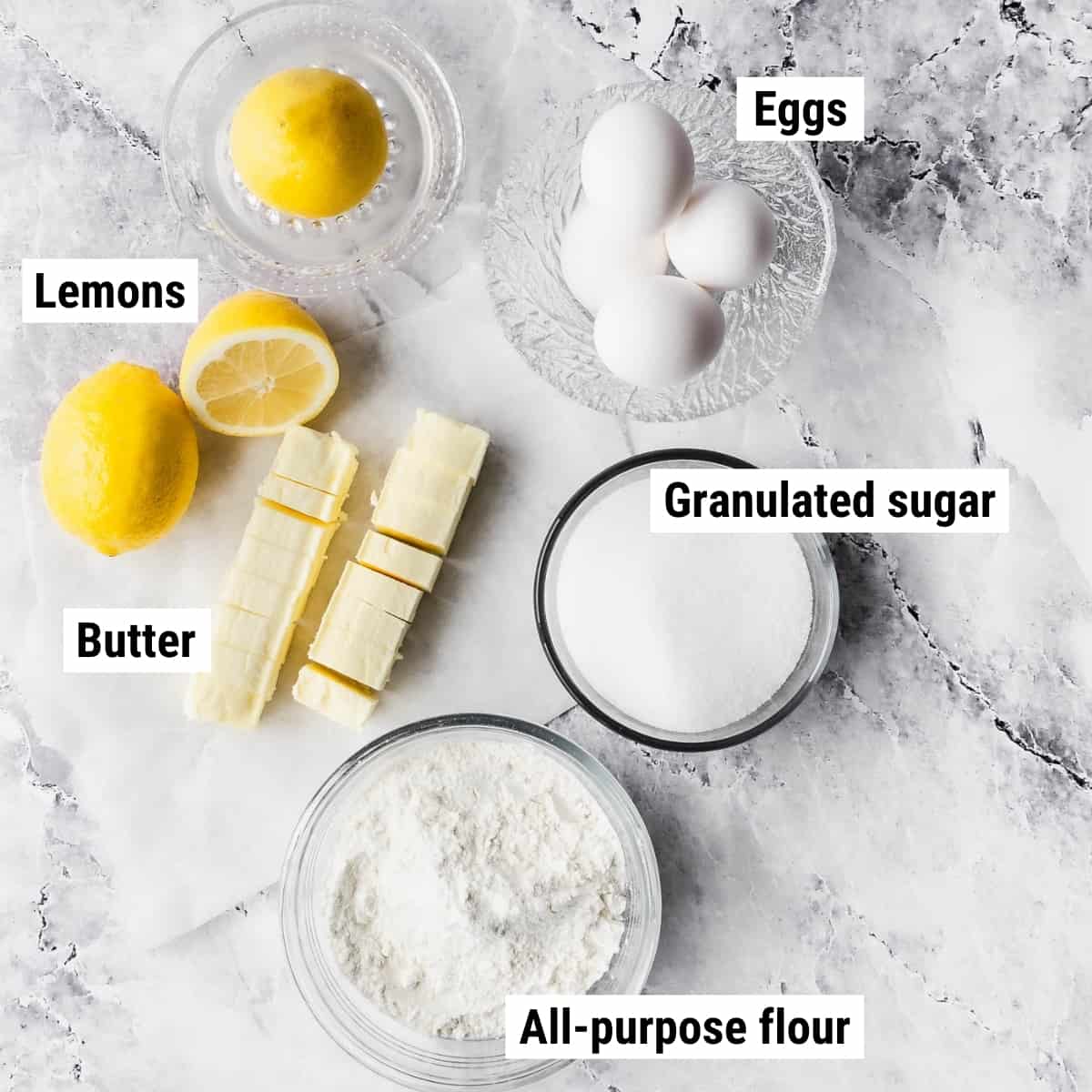 The ingredients to make Meyer lemon bars.