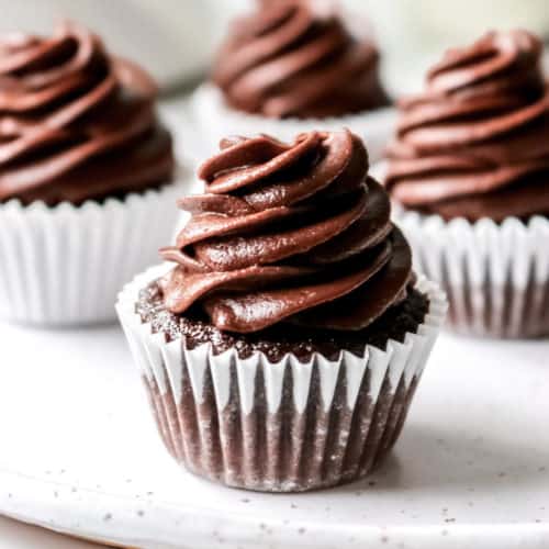 A mini chocolate cupcake up close.