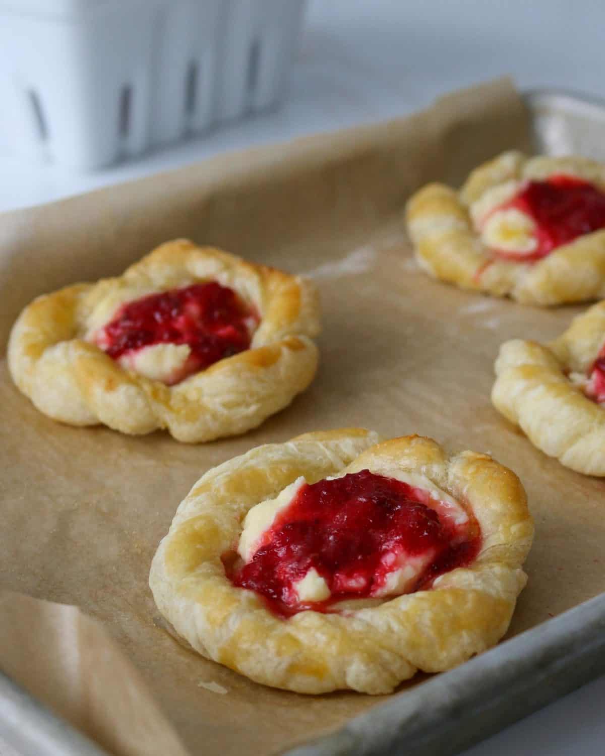 An overhead shot of strawberry pastry.