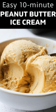 Serving peanut butter ice cream in a bowl with a spoon.