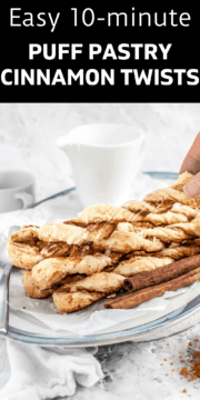 Puff pastry cinnamon twists ready to be served with a tea.