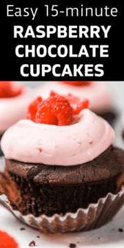 A raspberry chocolate cupcake up close.