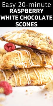 Breakfast scones in a stack with raspberries.