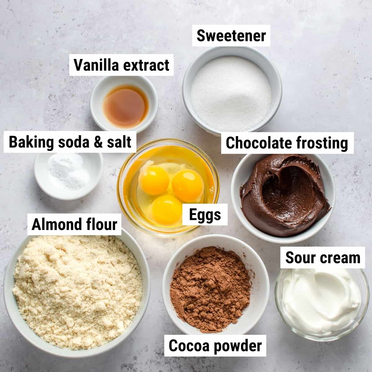 The ingredients used to make almond flour cupcakes.