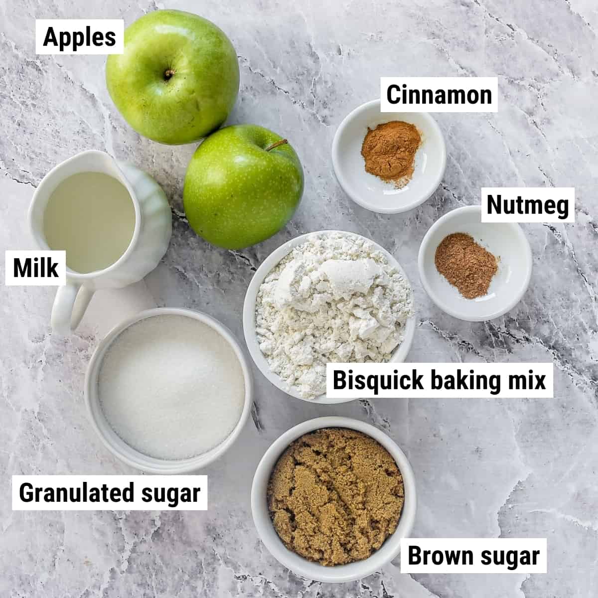 The ingredients for bisquick apple cobbler spread out on a table.