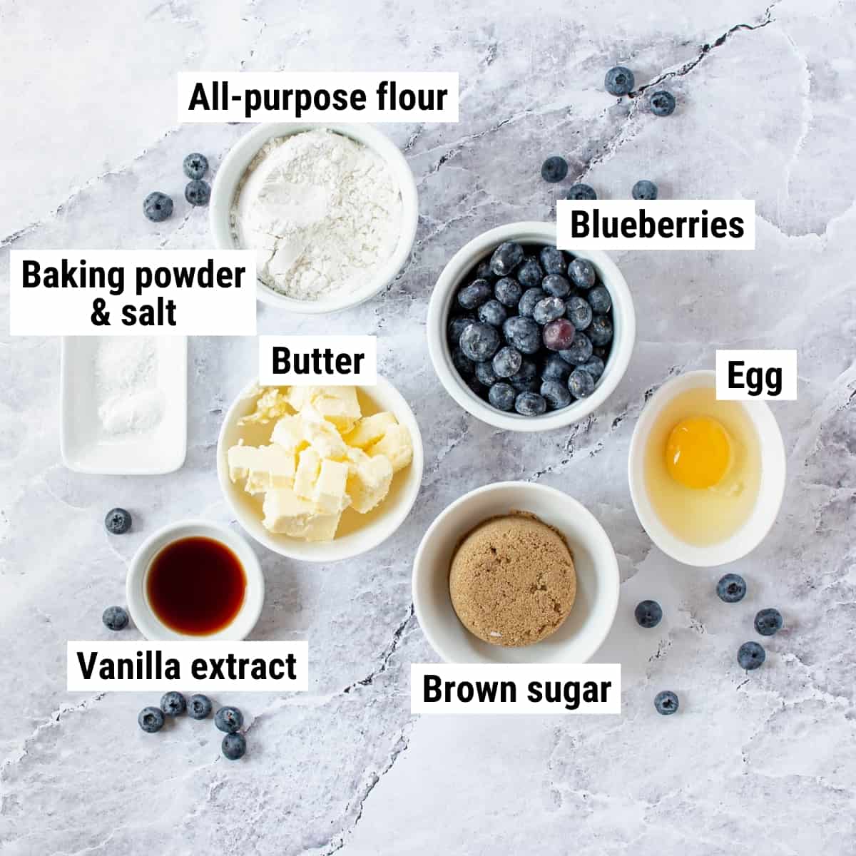 The ingredients used to make blueberry blondies.