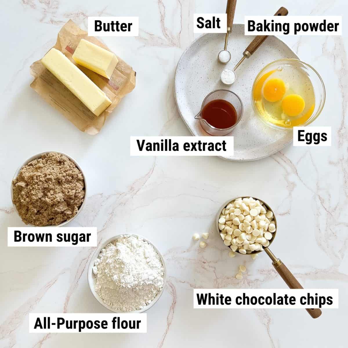 The ingredients used to make brown butter blondies laid out on a table.