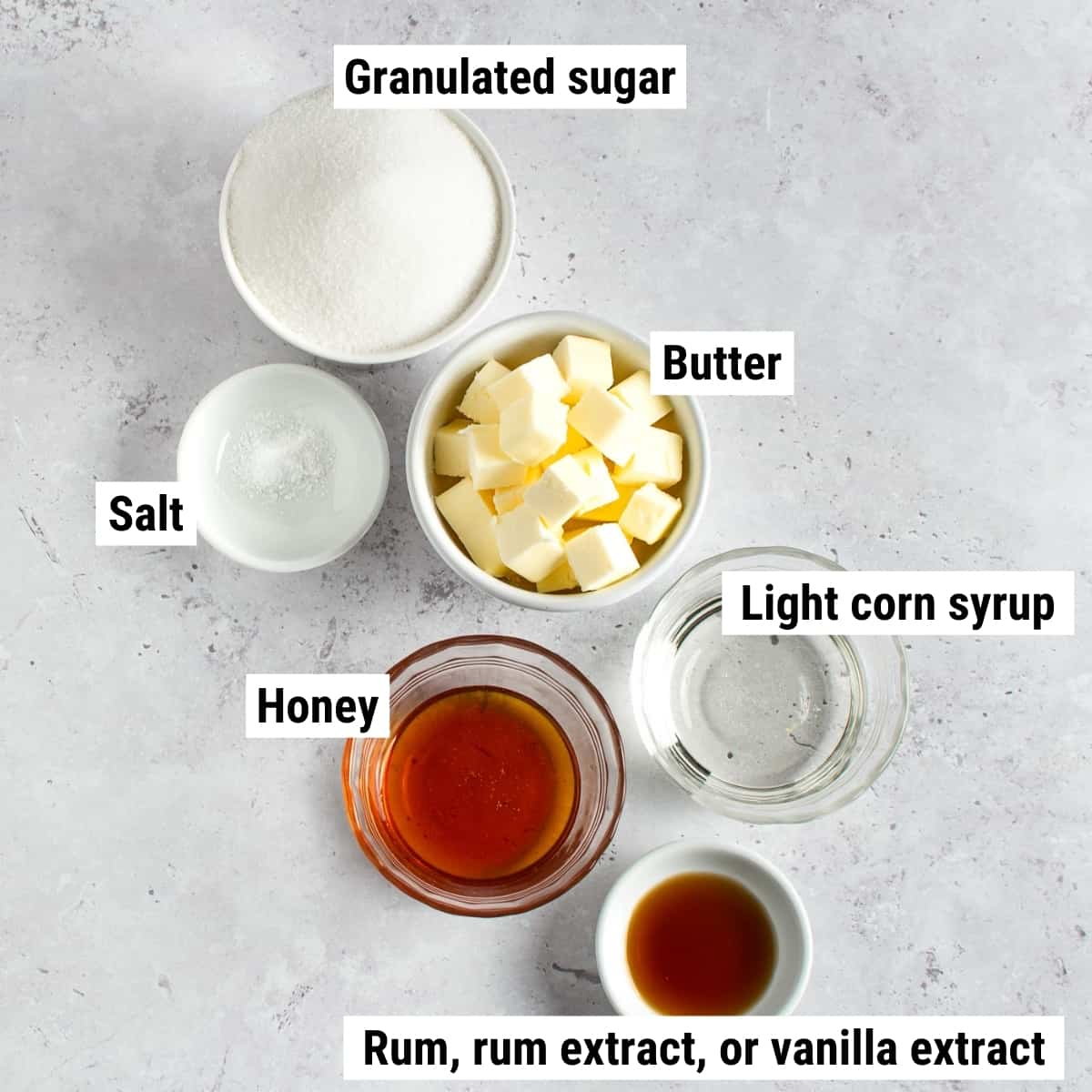The ingredients used to make butterscotch candies laid out on a table.