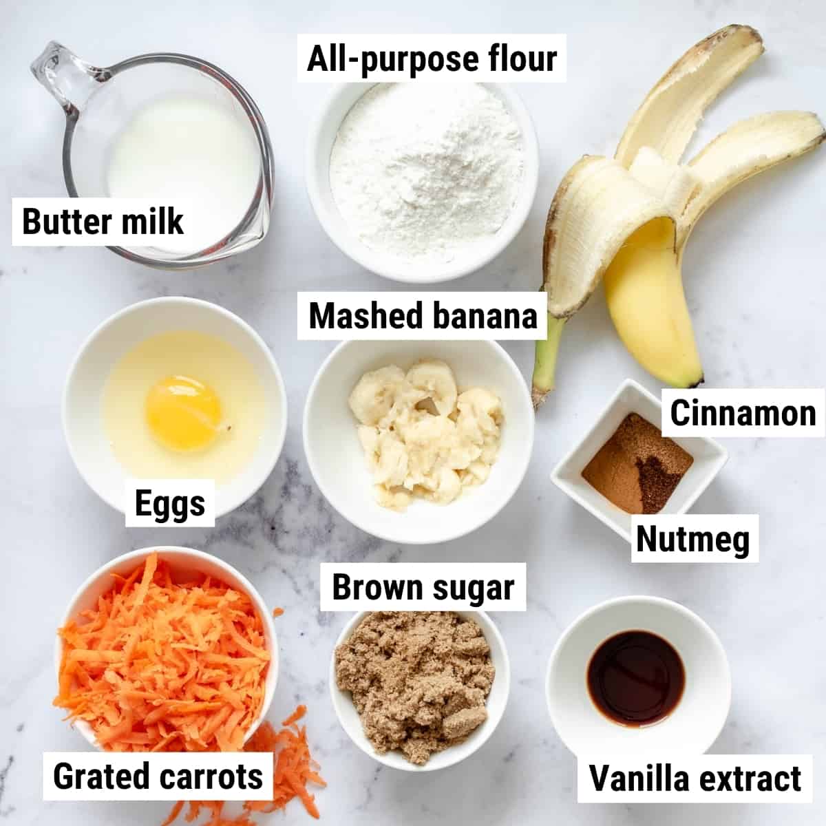 The ingredients needed to make carrot banana muffins.