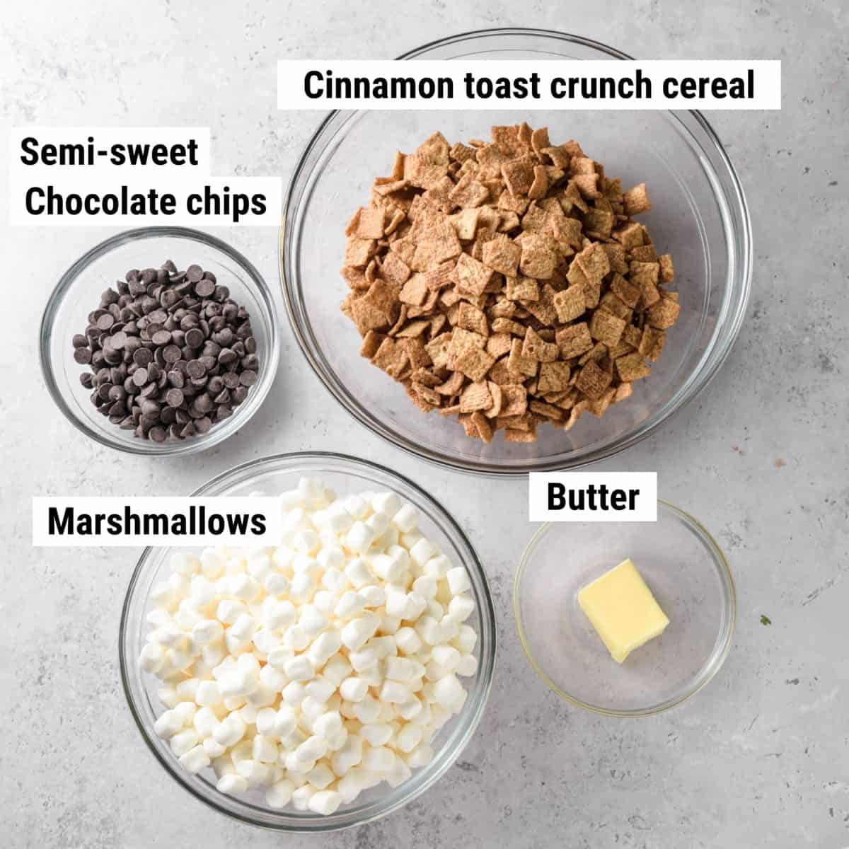 The ingredients used to make cinnamon toast crunch bars laid out on a table.