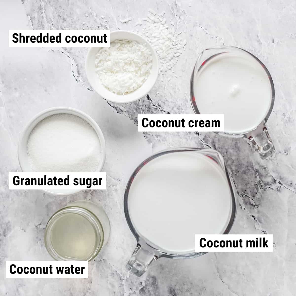 The ingredients for coconut sorbet spread out on a table.