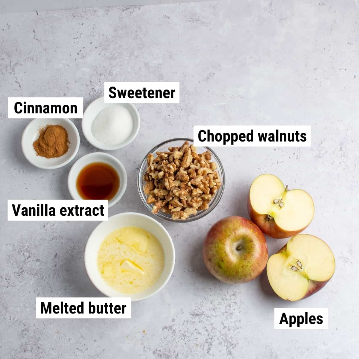 The ingredients used to make keto apple crisp laid out on a table.