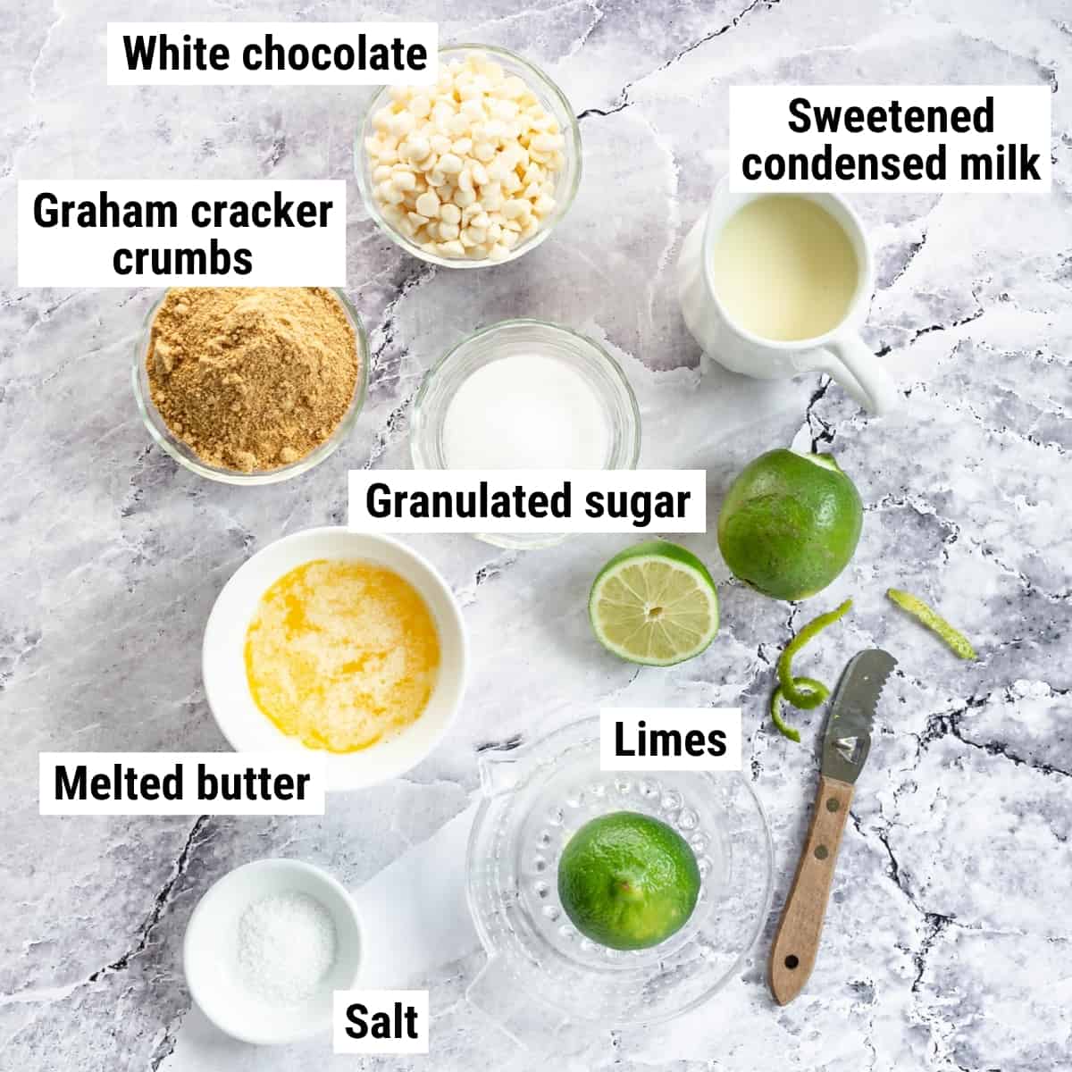The ingredients to make key lime fudge laid out on a table.